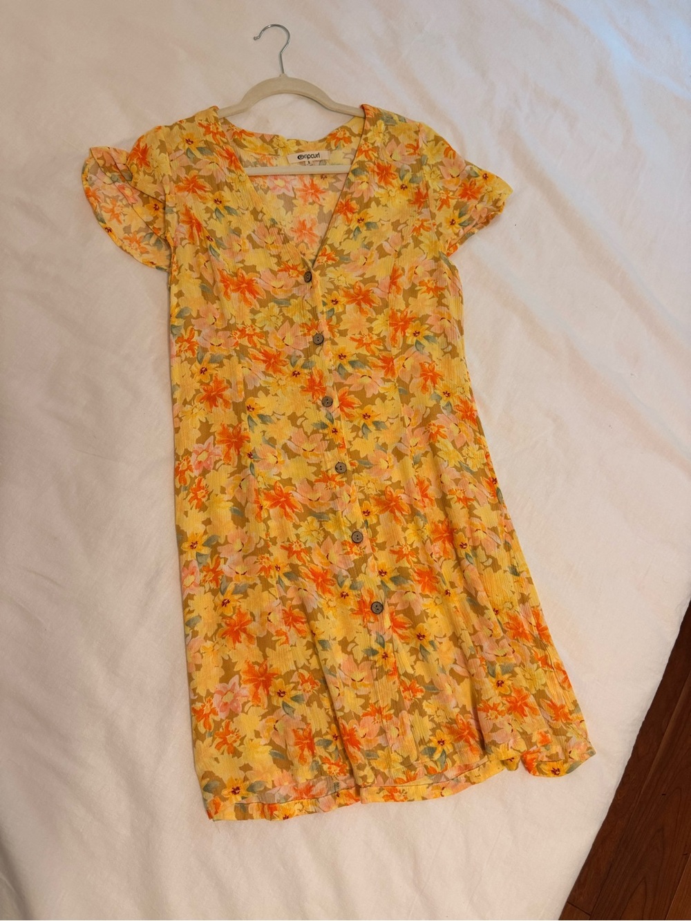Rip Curl Yellow Floral Button-Down Kids Dress with Orange Accents